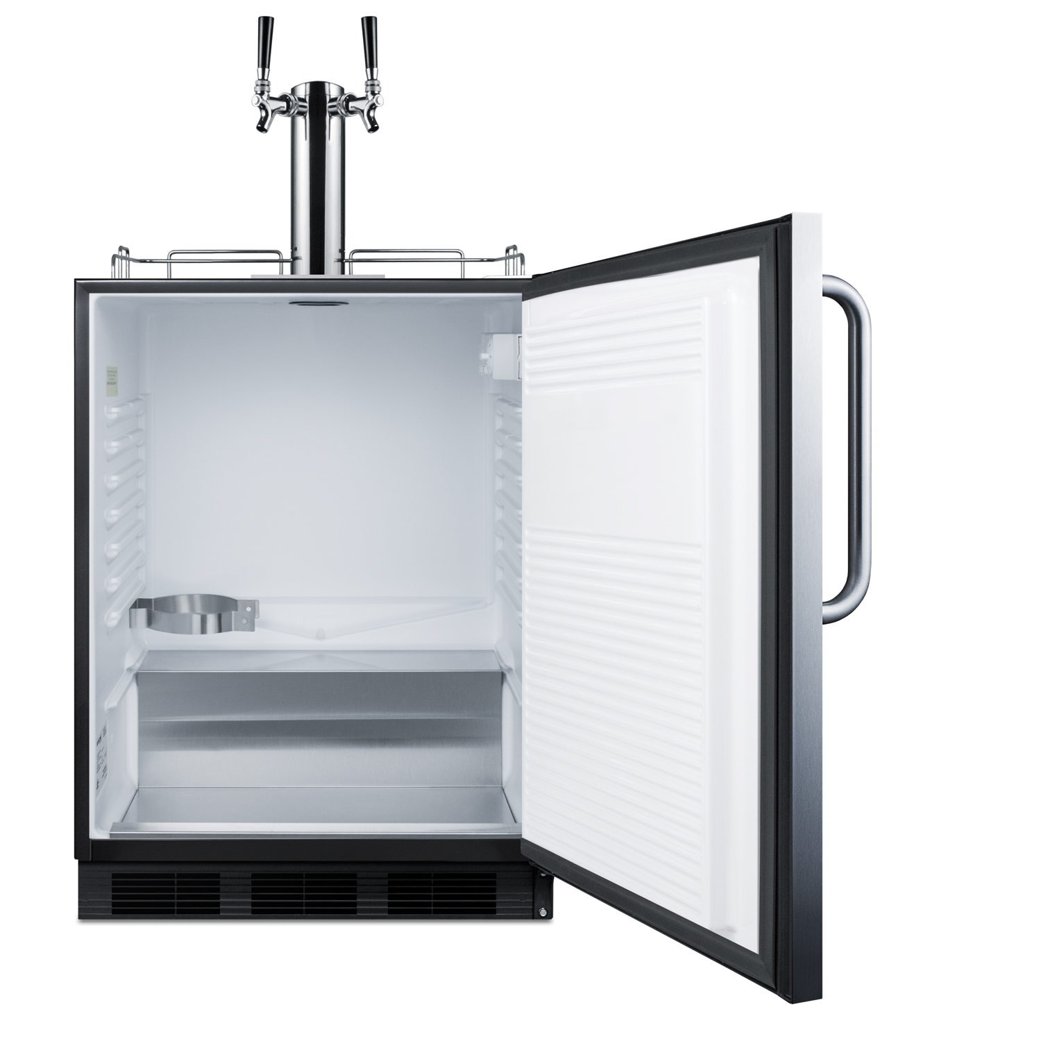 Built-in undercounter ADA height commercially listed dual tap beer dispenser in stainless steel for outdoor use
